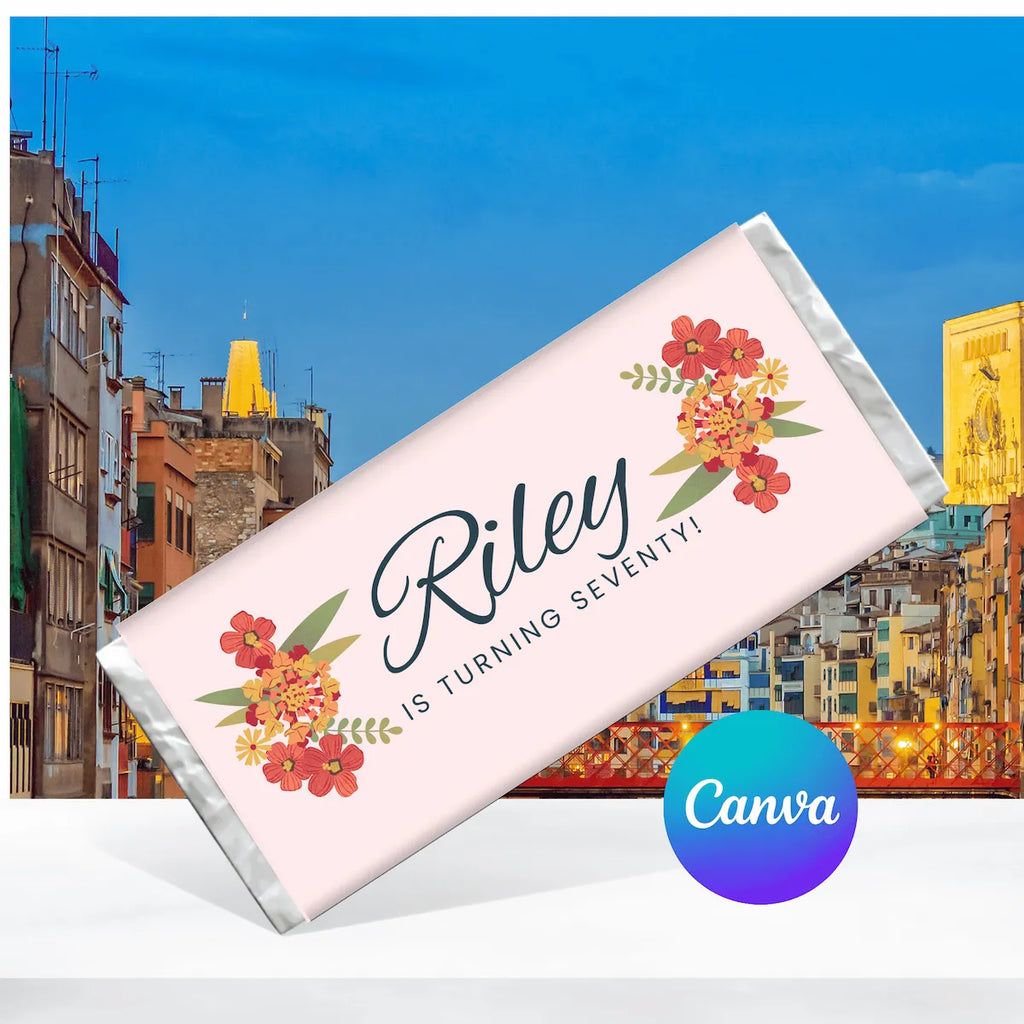 Chocolate bar with floral design and text Riley is turning seventy! against a cityscape background