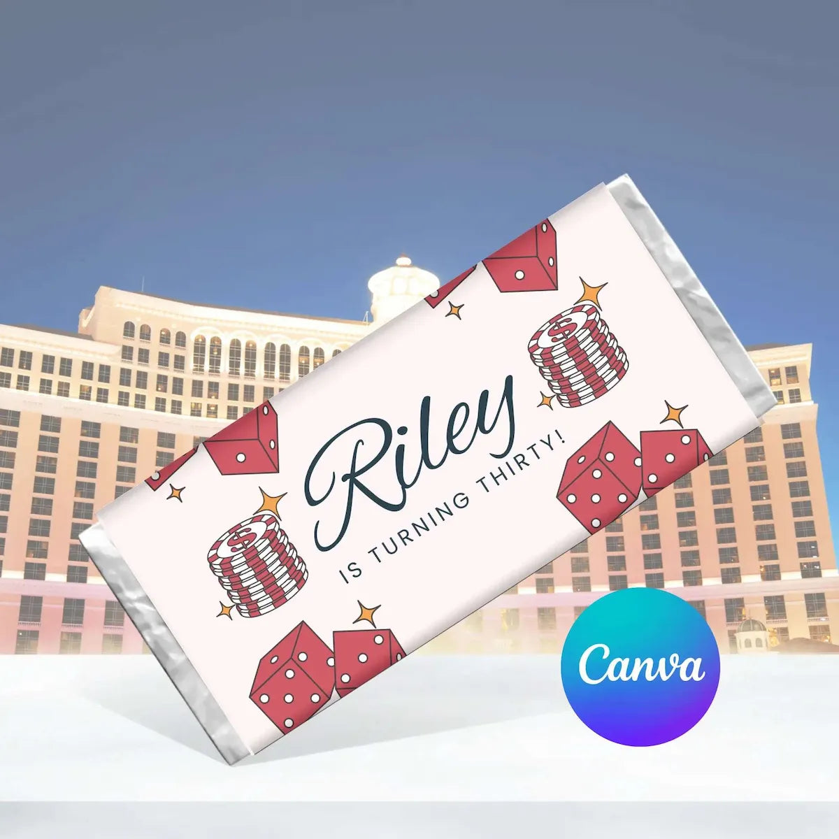 Personalized birthday banner with 'Riley is turning thirty!' text and dice design, against a cityscape background.