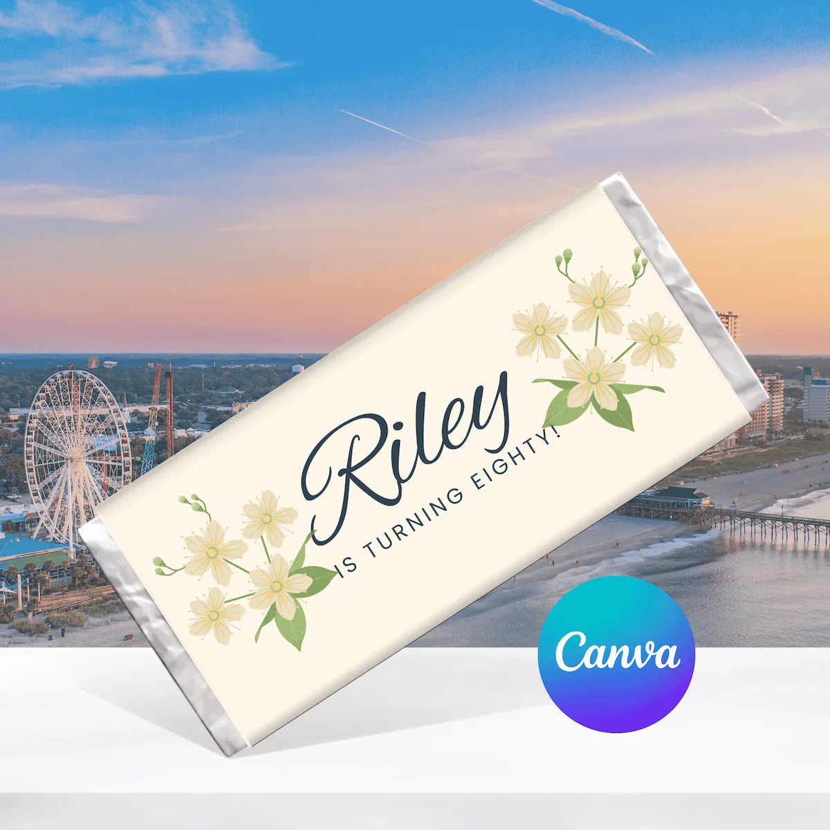 80th Myrtle Beach Destination Birthday Chocolate Bar Wrapper Editable Canva Template