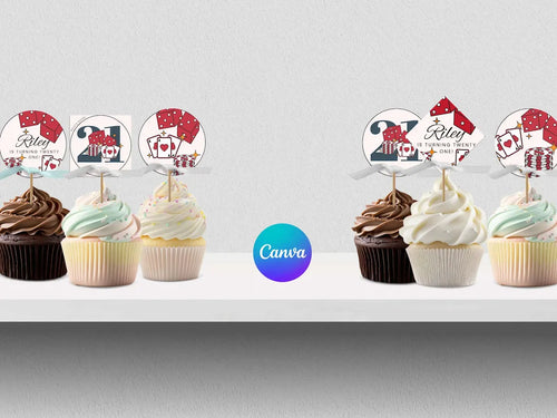 Decorative cupcake toppers with personalized designs on a white surface, featuring the Canva logo.