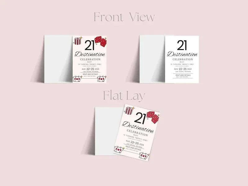 Vegas 21st Editable Birthday Invitation LuaSol Shoppe with text front view and flat lay. Very light pink background. 