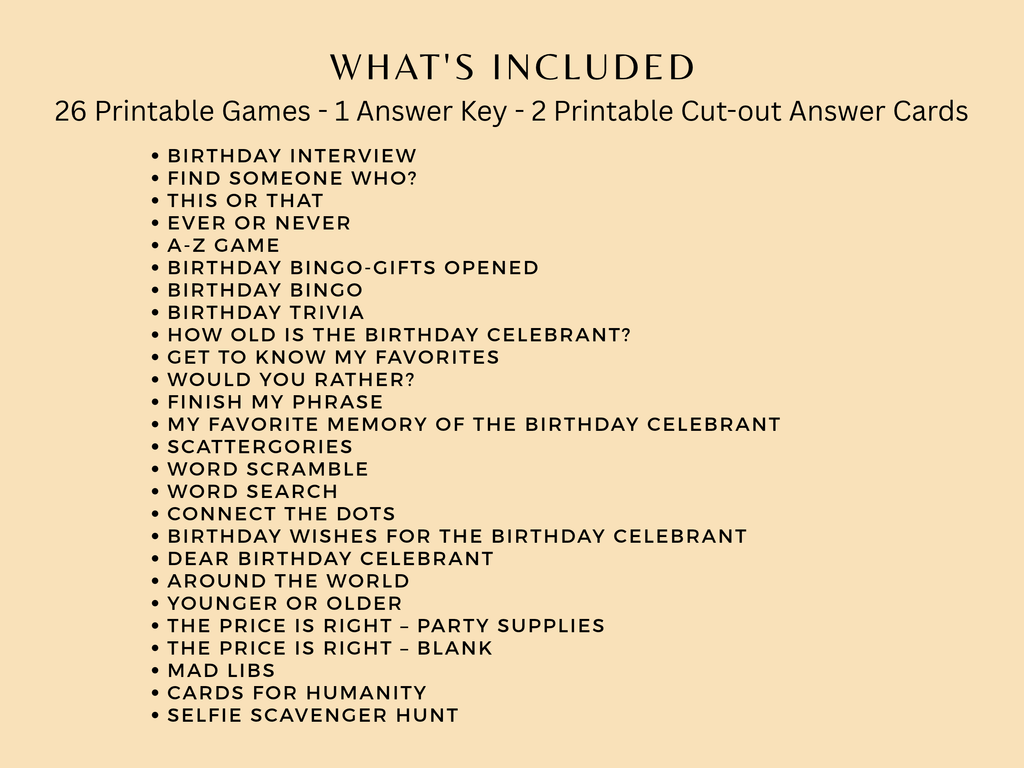 Checklist of 26 printable games included in the Sedona desert chic theme 60th birthday party bundle for women