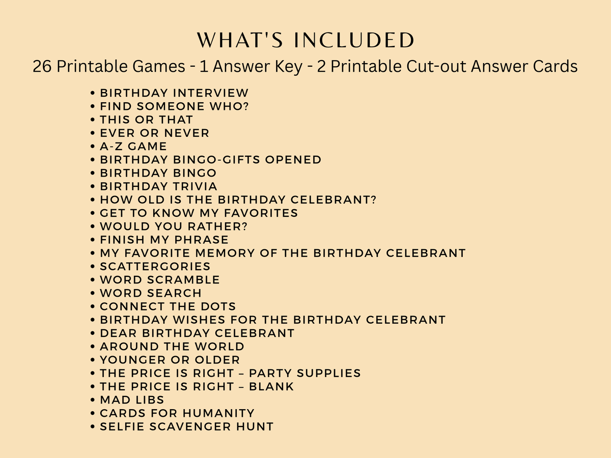 Checklist of 26 printable games included in the Sedona desert chic theme 60th birthday party bundle for women