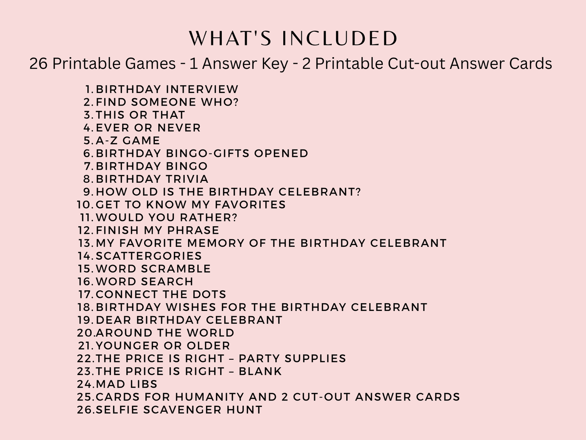 List of 26 printable games included in the Las Vegas casino theme 21st birthday party bundle for women