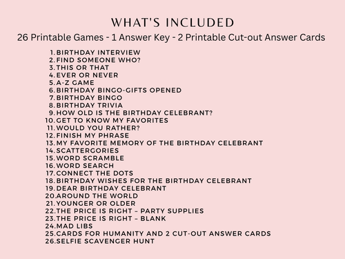 List of 26 printable games included in the Las Vegas casino theme 21st birthday party bundle for women