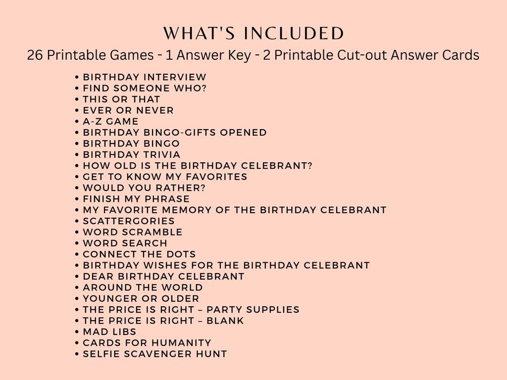 Checklist of 26 printable games included in the Mexico fiesta theme 50th birthday party bundle for women