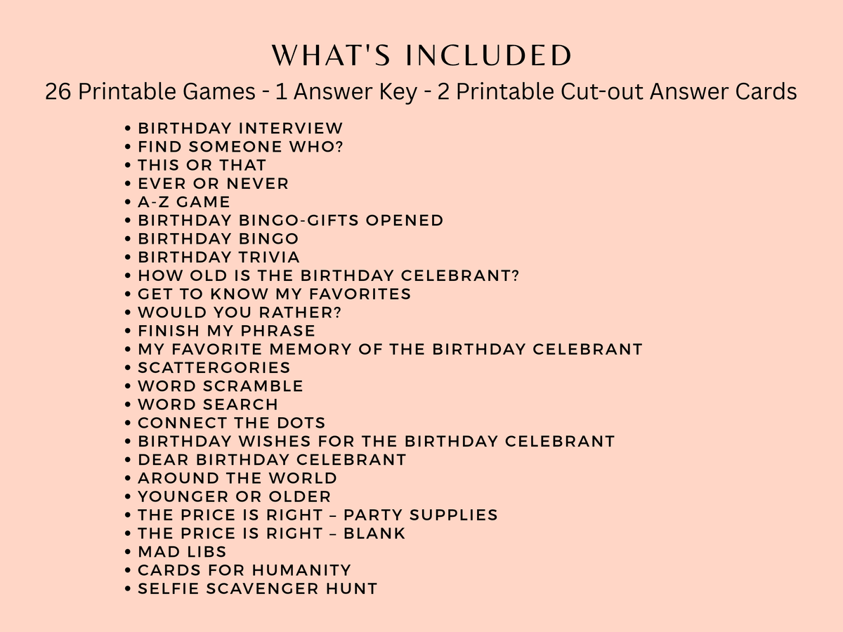 Checklist of 26 printable games included in the Mexico fiesta theme 50th birthday party bundle for women