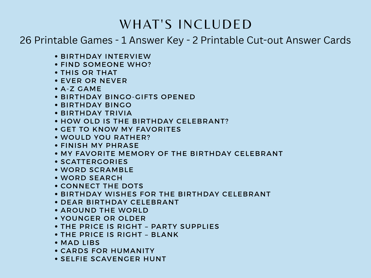 Checklist of 26 printable games included in the beach coastal theme 80th birthday party bundle for women