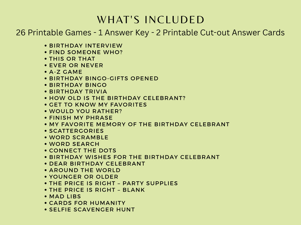 Checklist of 26 printable games included in the winery wine tasting theme 40th birthday party bundle for women