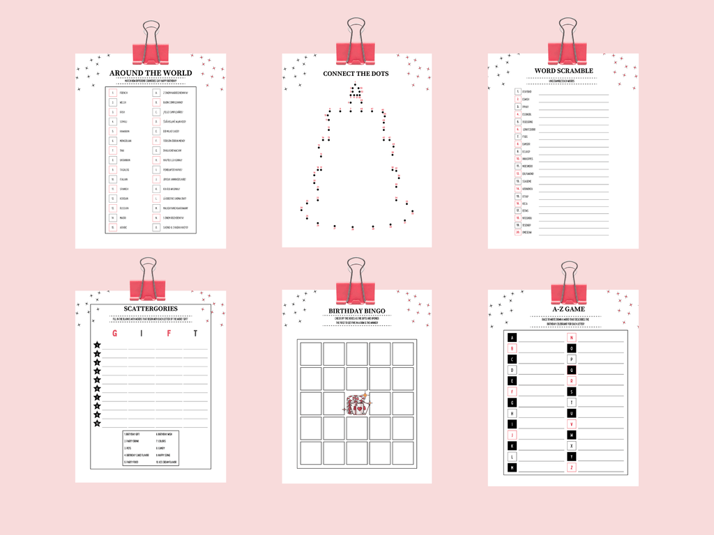 Printable 21st birthday games featuring casino theme Scattergories, Birthday Bingo, Word Scramble, and A-Z game templates