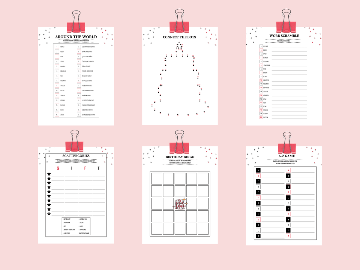 Printable 21st birthday games featuring casino theme Scattergories, Birthday Bingo, Word Scramble, and A-Z game templates