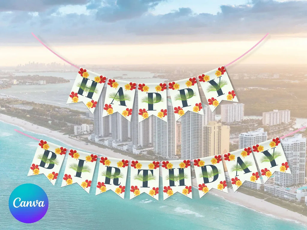 30th Birthday Bunting Editable Template Miami or Tropical Destination LuaSol Shoppe