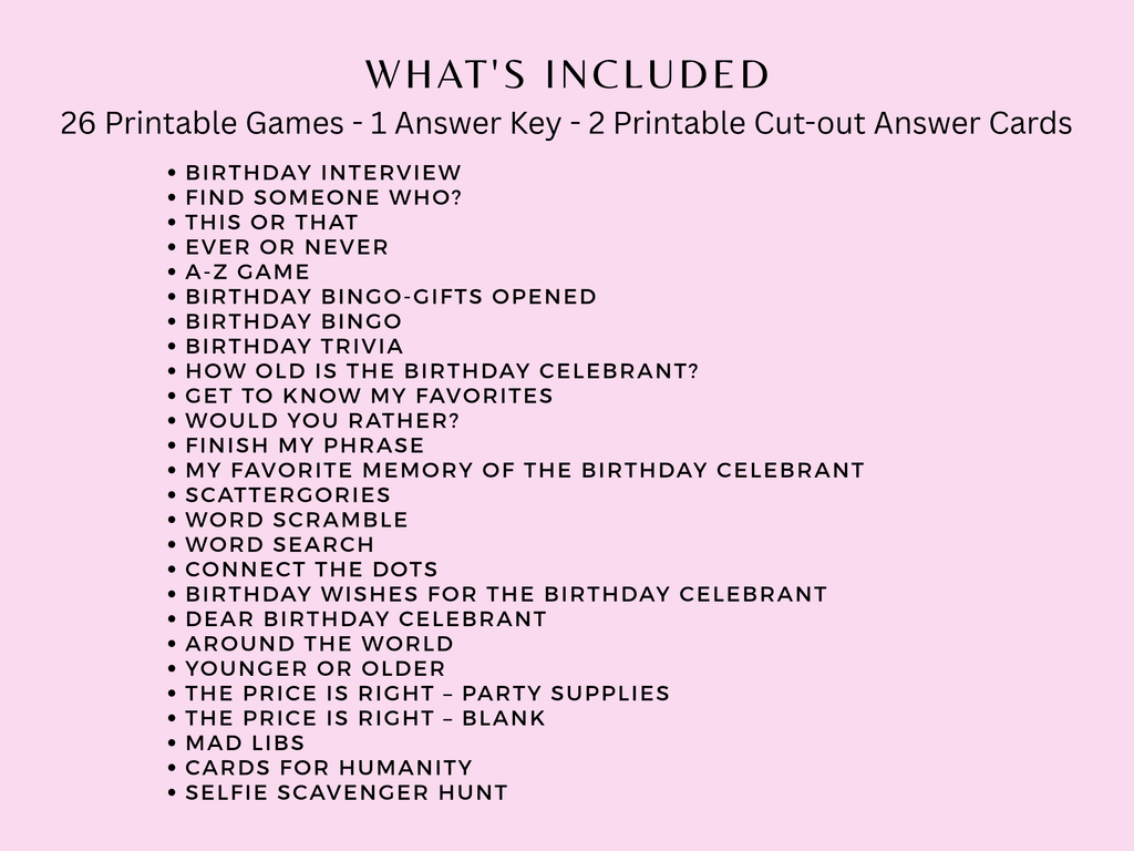 Checklist of 26 printable games included in the Miami tropical theme 30th birthday party bundle for women