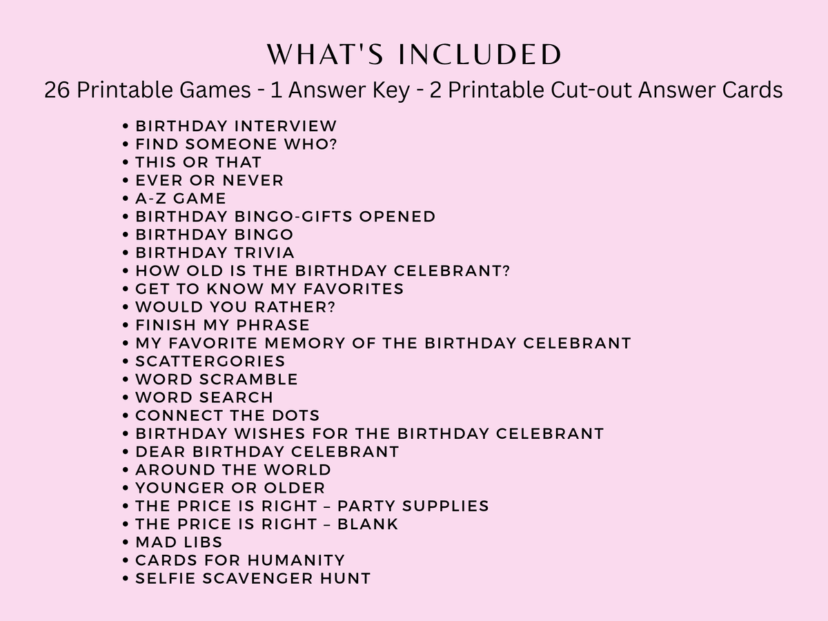 Checklist of 26 printable games included in the Miami tropical theme 30th birthday party bundle for women