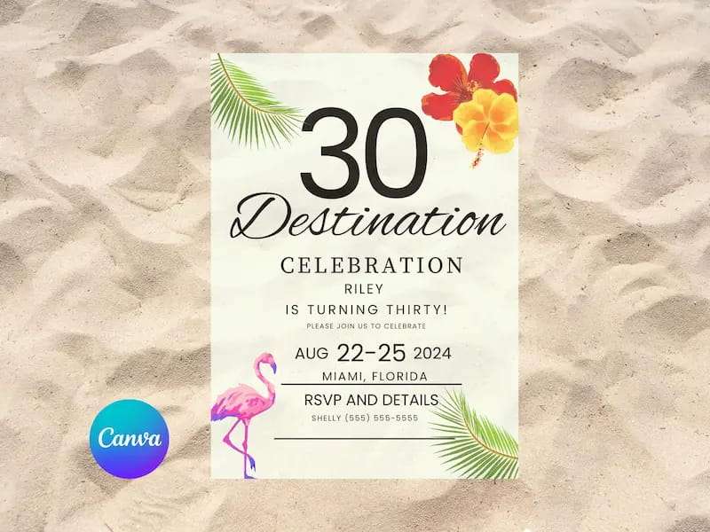 Tropical 30th Editable Birthday invitation LuaSol Shoppe with sand background and blue canva logo. 