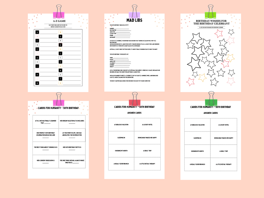 Printable 50th birthday Cards for Humanity, Mad Libs, and A-Z game templates in a Mexico destination theme