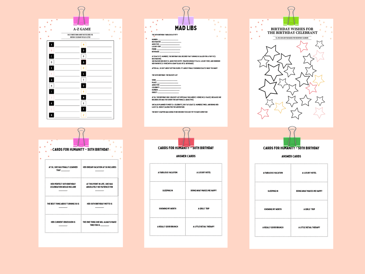 Printable 50th birthday Cards for Humanity, Mad Libs, and A-Z game templates in a Mexico destination theme