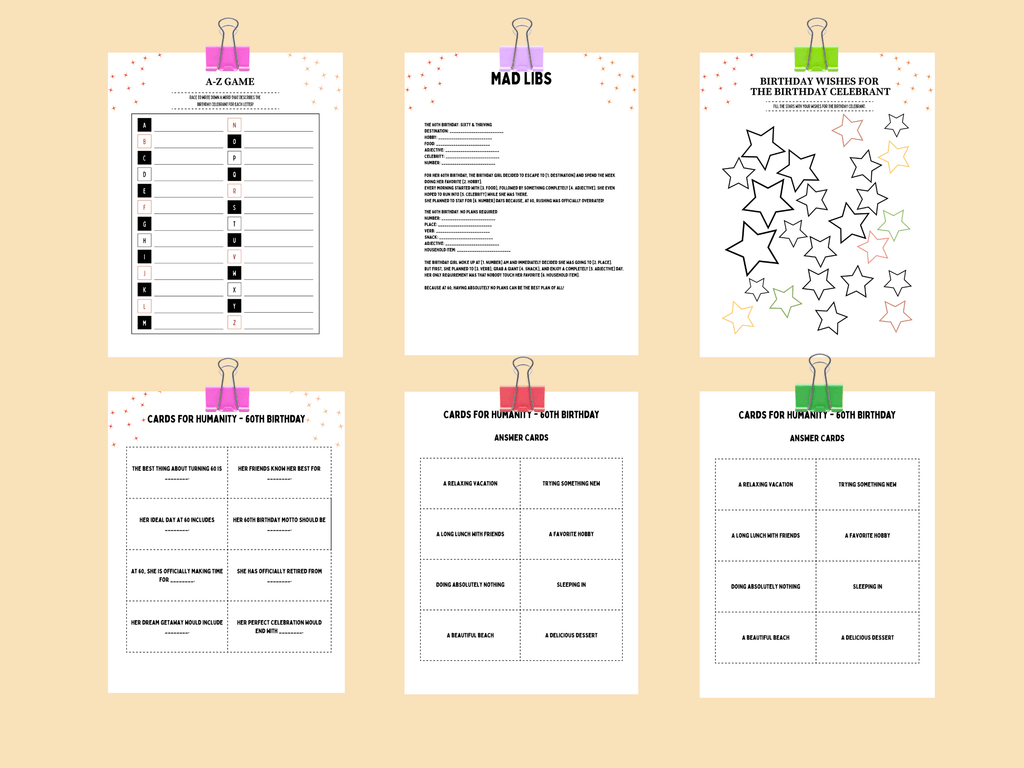 Printable 60th birthday Cards for Humanity, Mad Libs, and A-Z game templates in a rustic Sedona desert theme