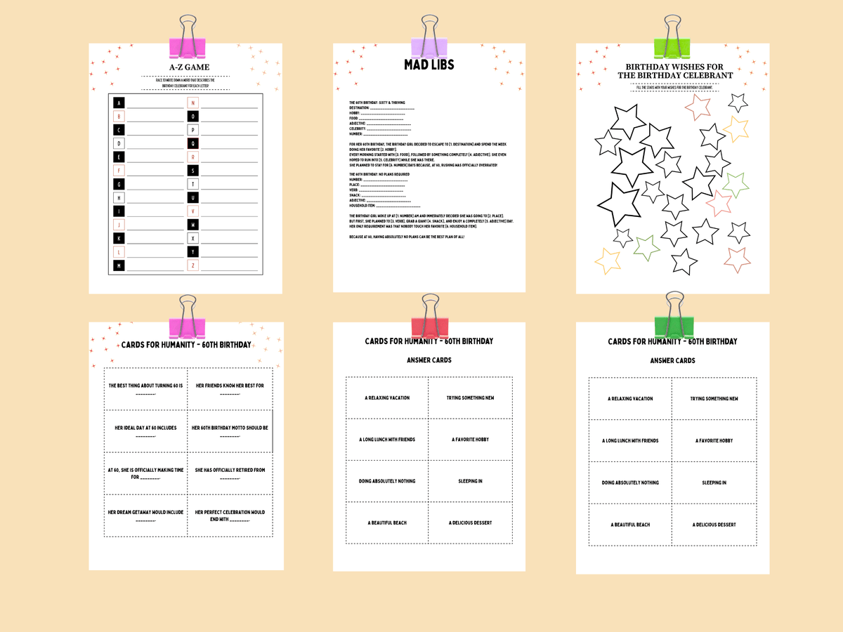 Printable 60th birthday Cards for Humanity, Mad Libs, and A-Z game templates in a rustic Sedona desert theme