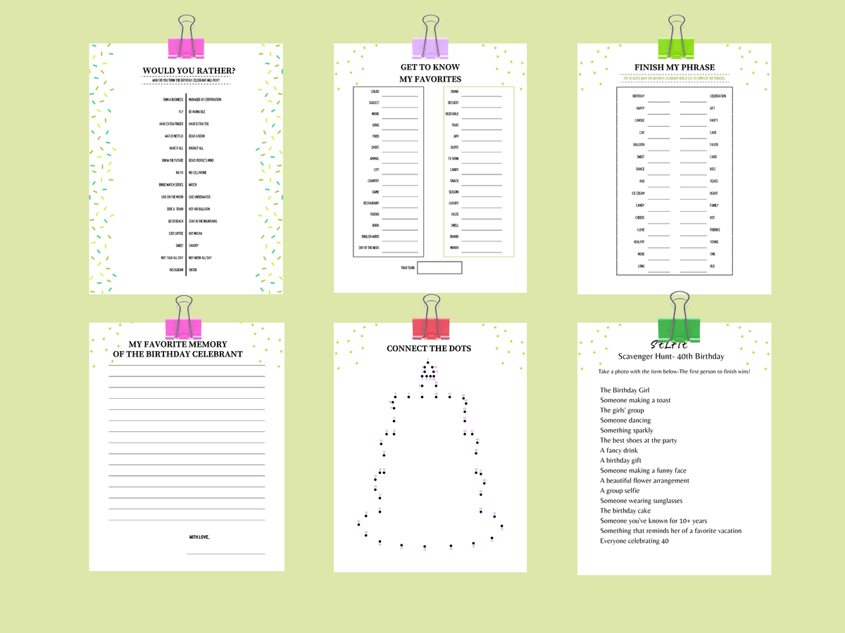 Printable 40th birthday games featuring wine theme Selfie Scavenger Hunt, Connect the Dots, and Would You Rather templates