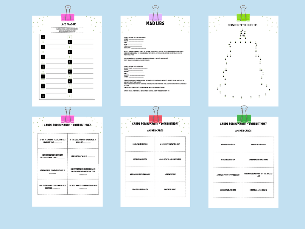 Printable 80th birthday Cards for Humanity, Mad Libs, and Connect the Dots games in a beach destination layout