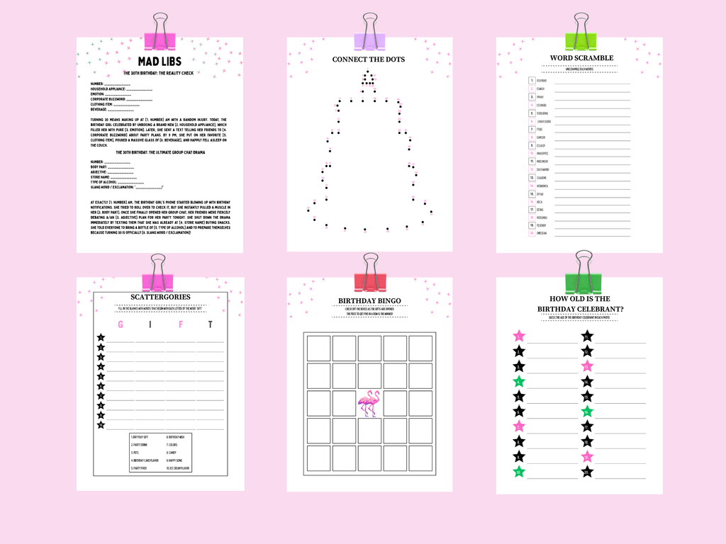 Printable 30th birthday games featuring tropical theme Mad Libs, Birthday Bingo, Scattergories, and Word Scramble templates