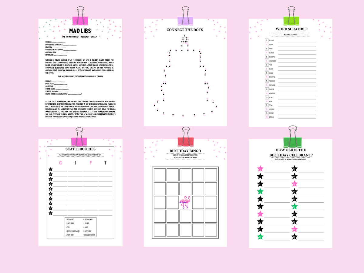 Printable 30th birthday games featuring tropical theme Mad Libs, Birthday Bingo, Scattergories, and Word Scramble templates
