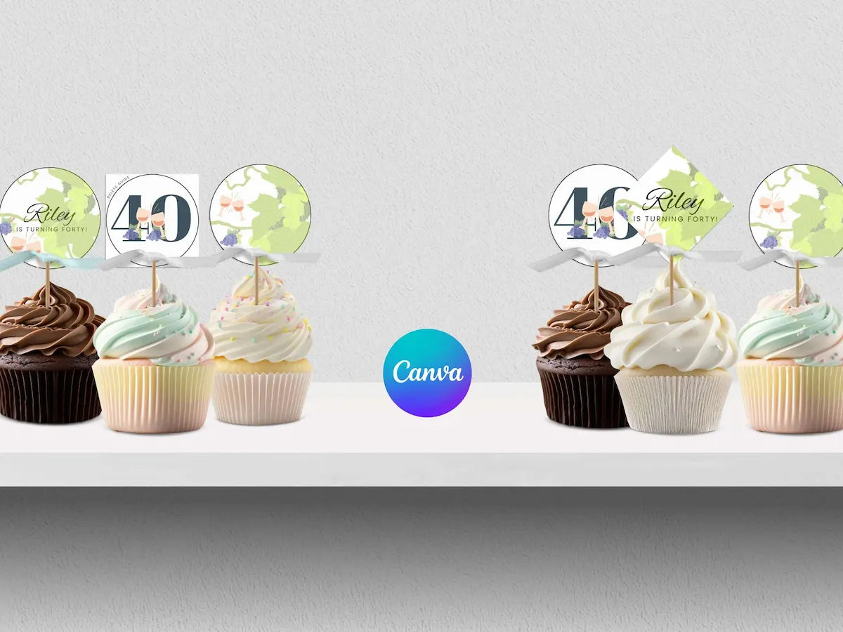 Decorative cupcake toppers with numbers and text on a white surface, featuring the Canva logo.