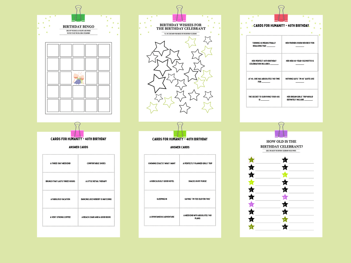 Printable 40th birthday Cards for Humanity, Birthday Bingo, and How Old is the Celebrant games in a vineyard theme