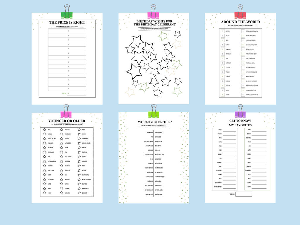 Printable 80th birthday games featuring coastal theme Around the World, The Price is Right, and Younger or Older