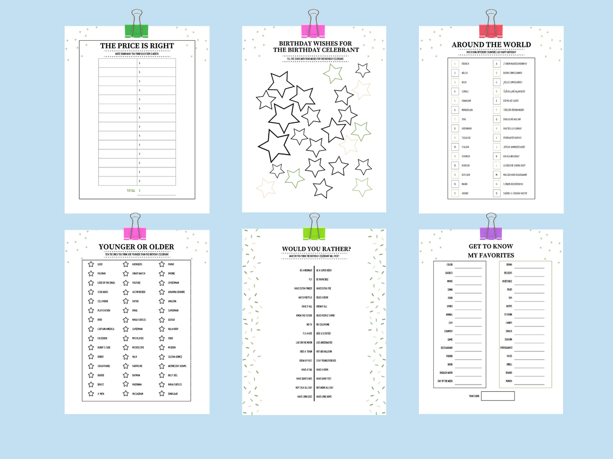 Printable 80th birthday games featuring coastal theme Around the World, The Price is Right, and Younger or Older