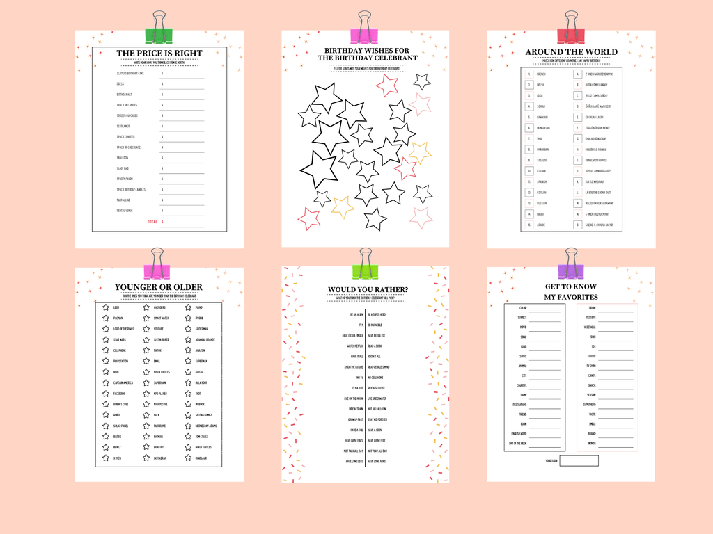 Printable 50th birthday games featuring fiesta theme Around the World, The Price is Right, and Younger or Older