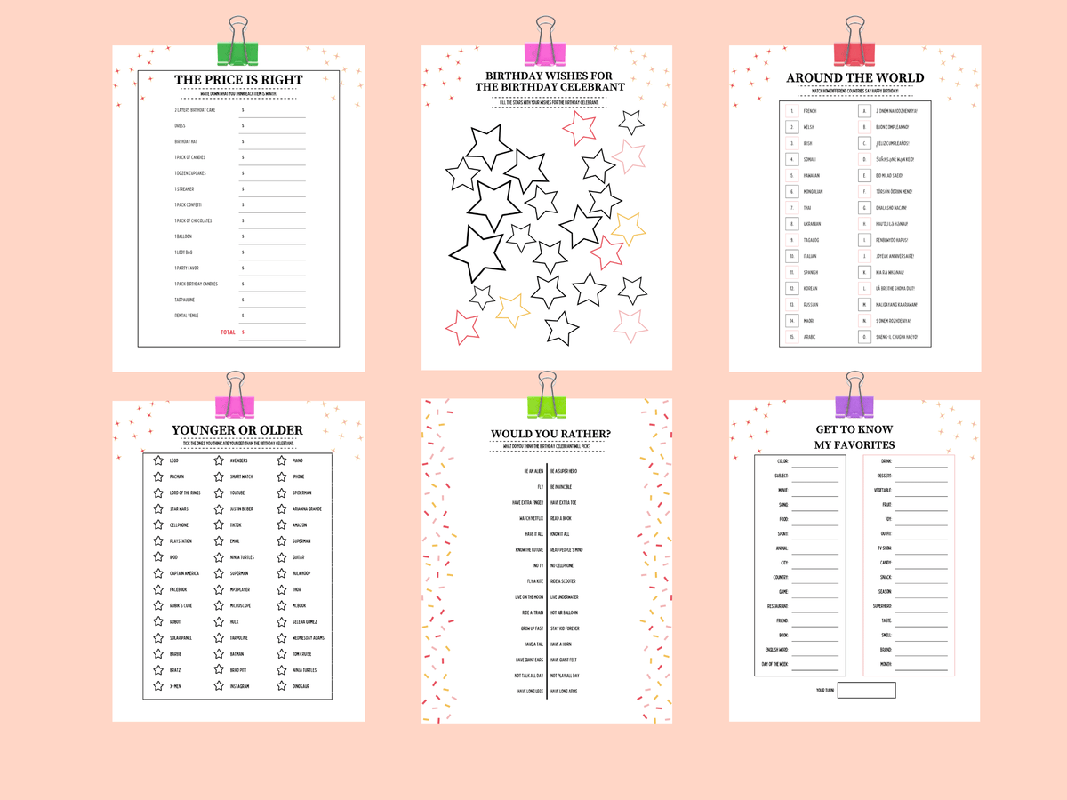 Printable 50th birthday games featuring fiesta theme Around the World, The Price is Right, and Younger or Older
