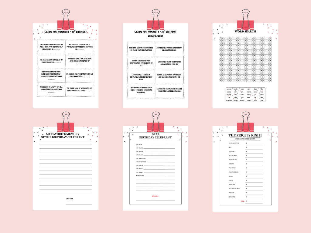 Printable 21st birthday Cards for Humanity, Word Search, and Price is Right games in a Las Vegas casino theme layout