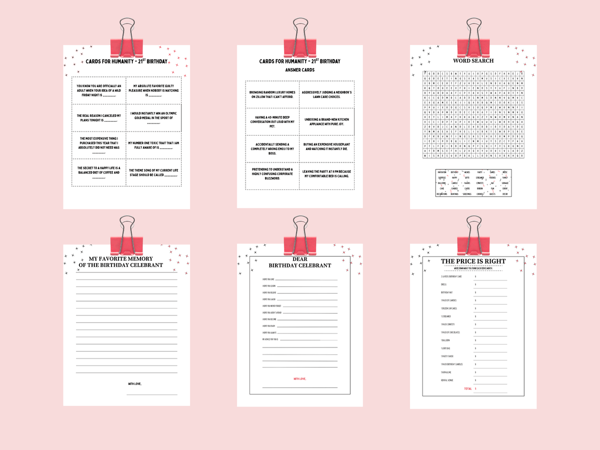 Printable 21st birthday Cards for Humanity, Word Search, and Price is Right games in a Las Vegas casino theme layout