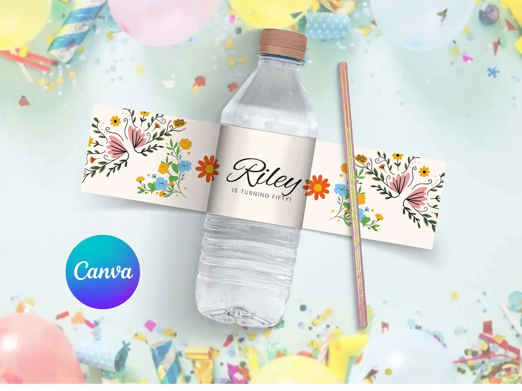 Personalized water bottle with floral labels and 'Riley is turning fifty' text, surrounded by colorful confetti.