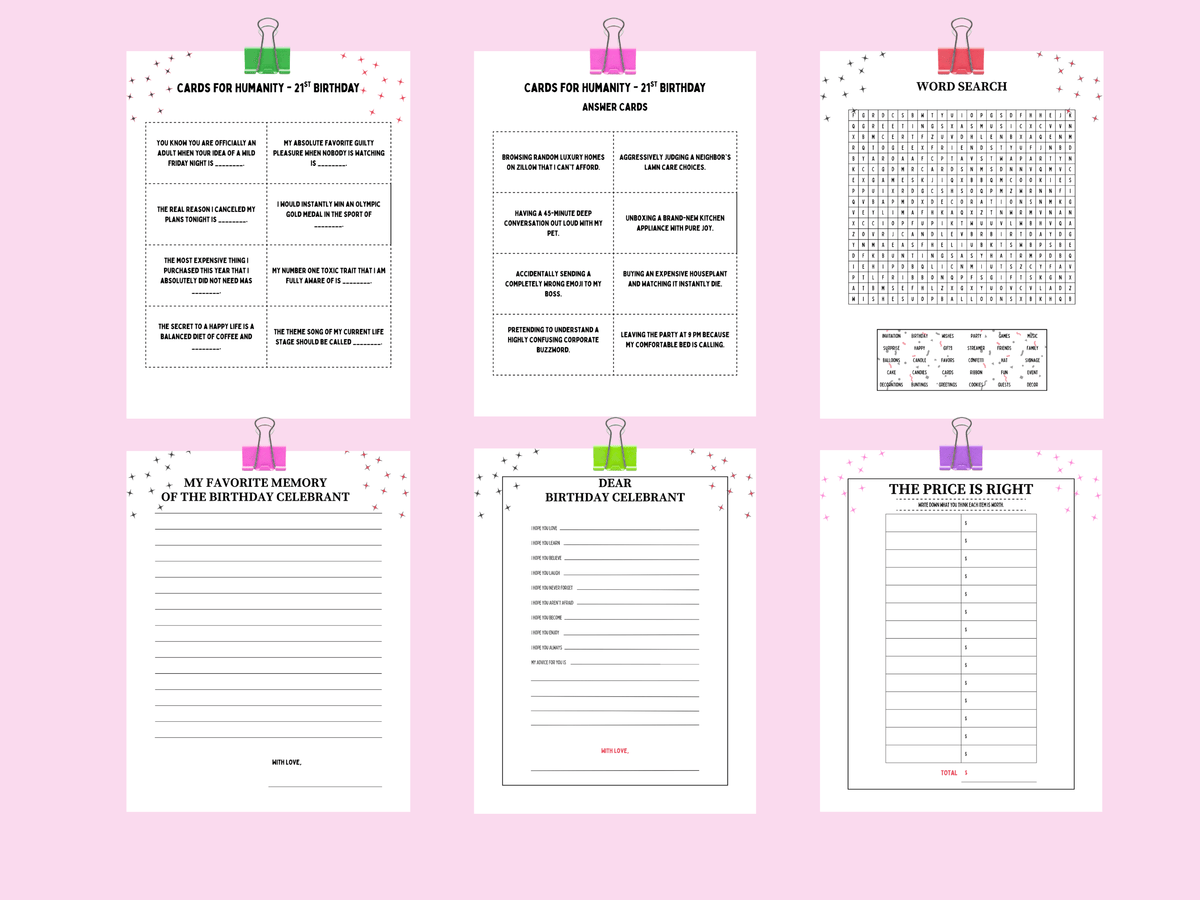 Printable 30th birthday Cards for Humanity, Word Search, and Price is Right games in a Miami tropical theme layout