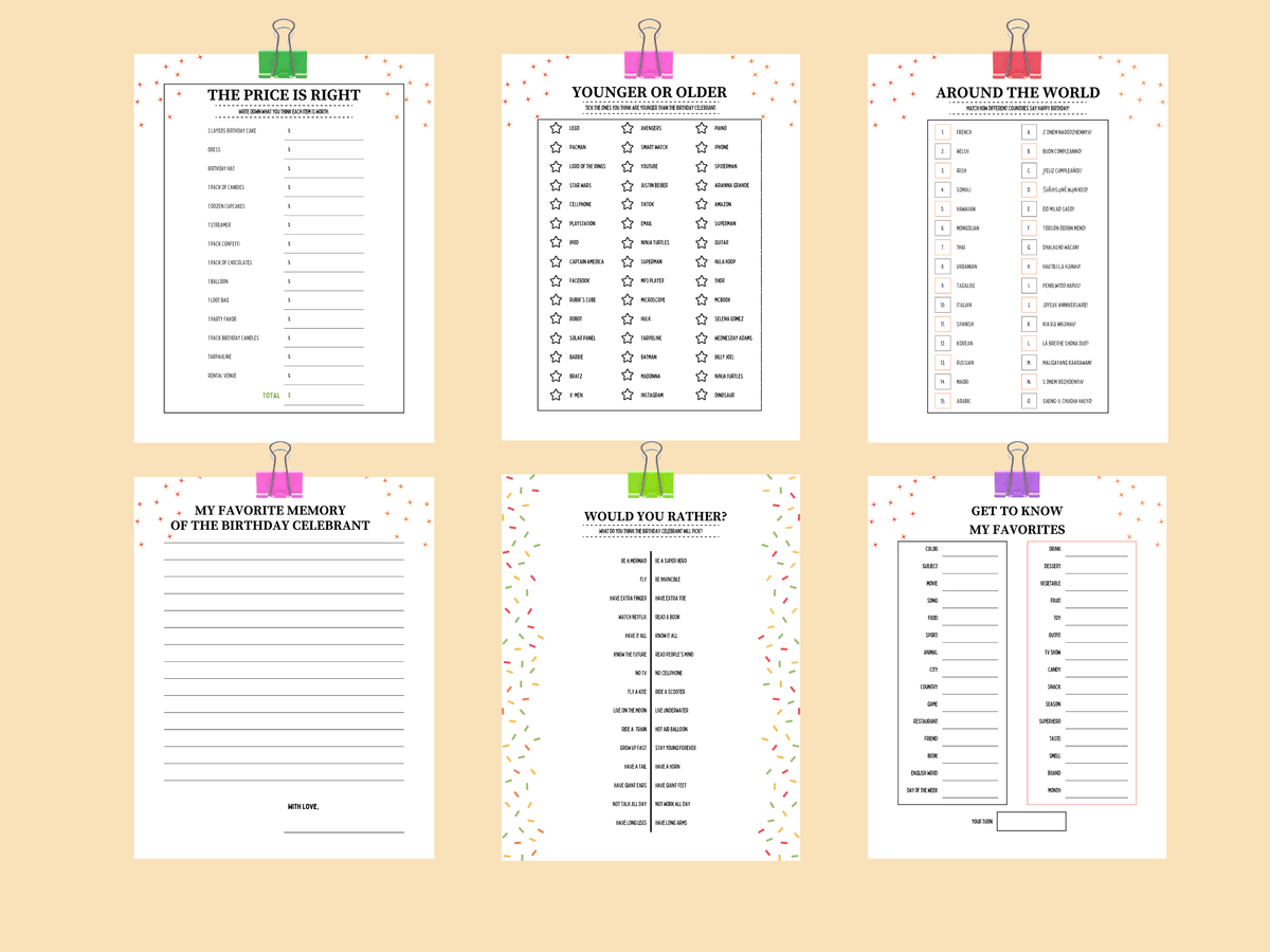 Printable 60th birthday games featuring desert theme Around the World, The Price is Right, and Younger or Older