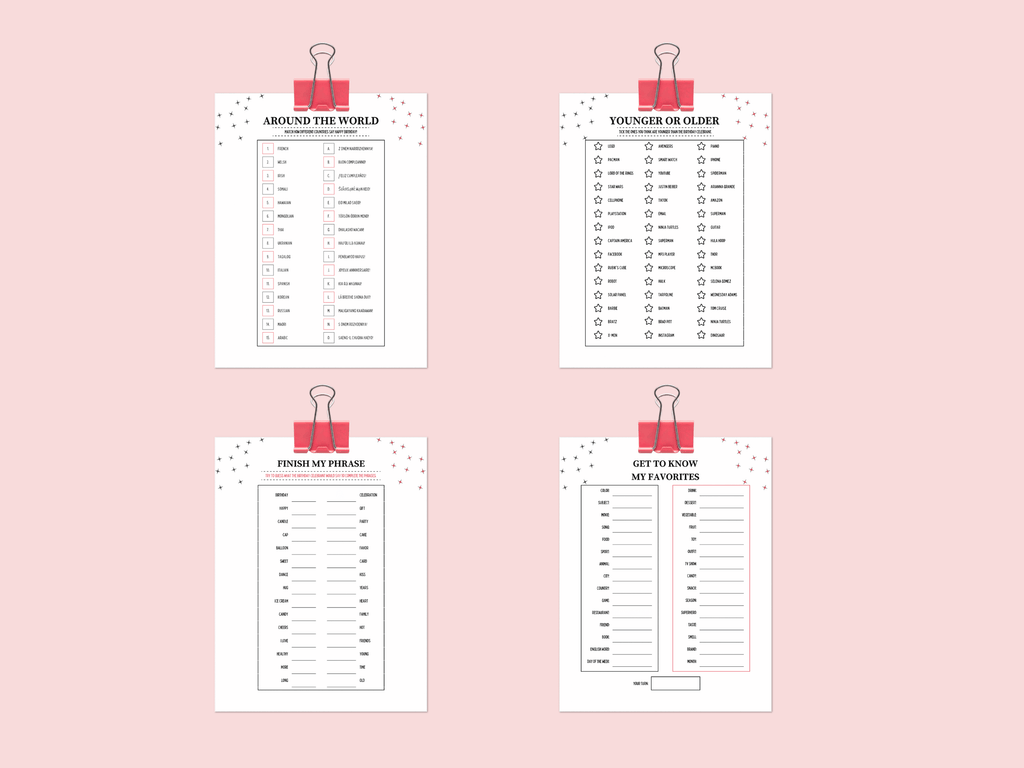 Printable 21st birthday games featuring casino theme Younger or Older, Finish My Phrase, and Around the World templates