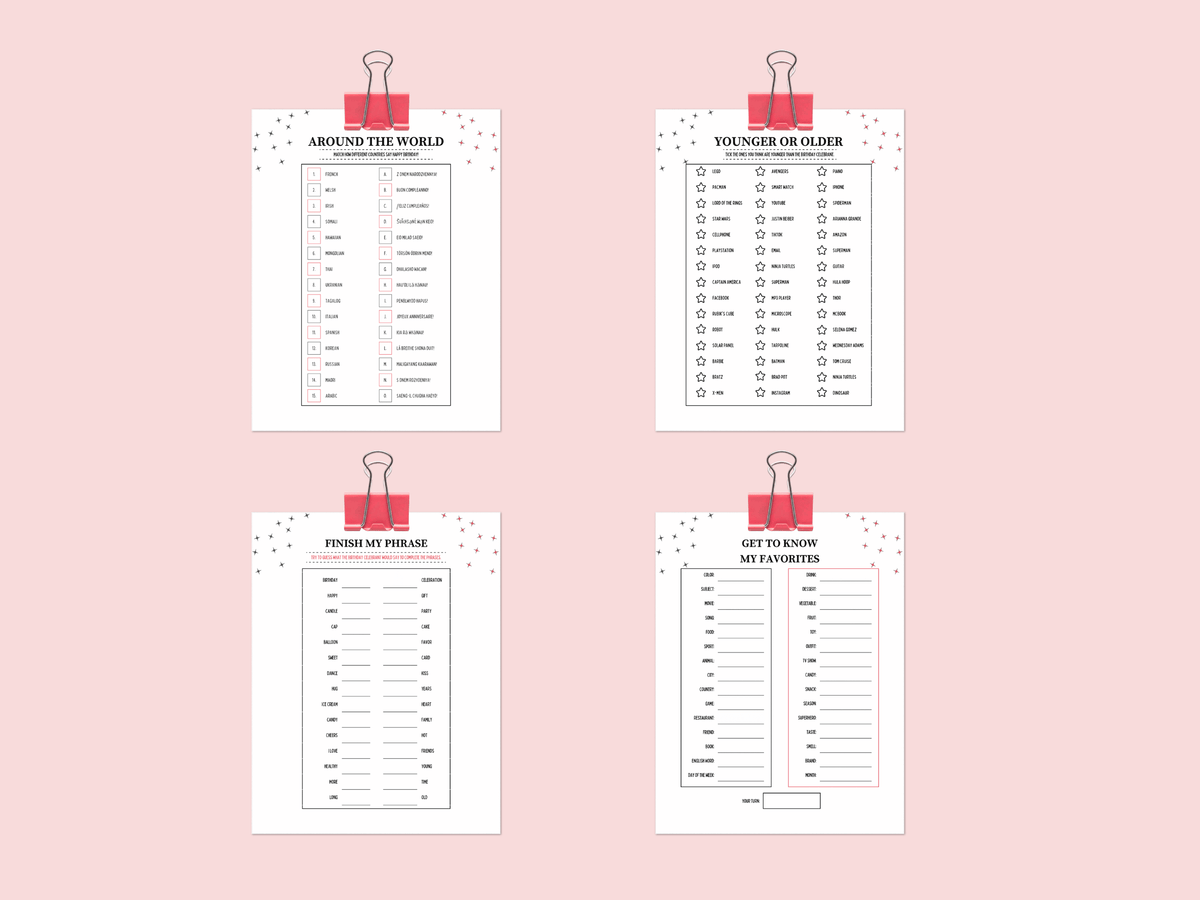 Printable 21st birthday games featuring casino theme Younger or Older, Finish My Phrase, and Around the World templates