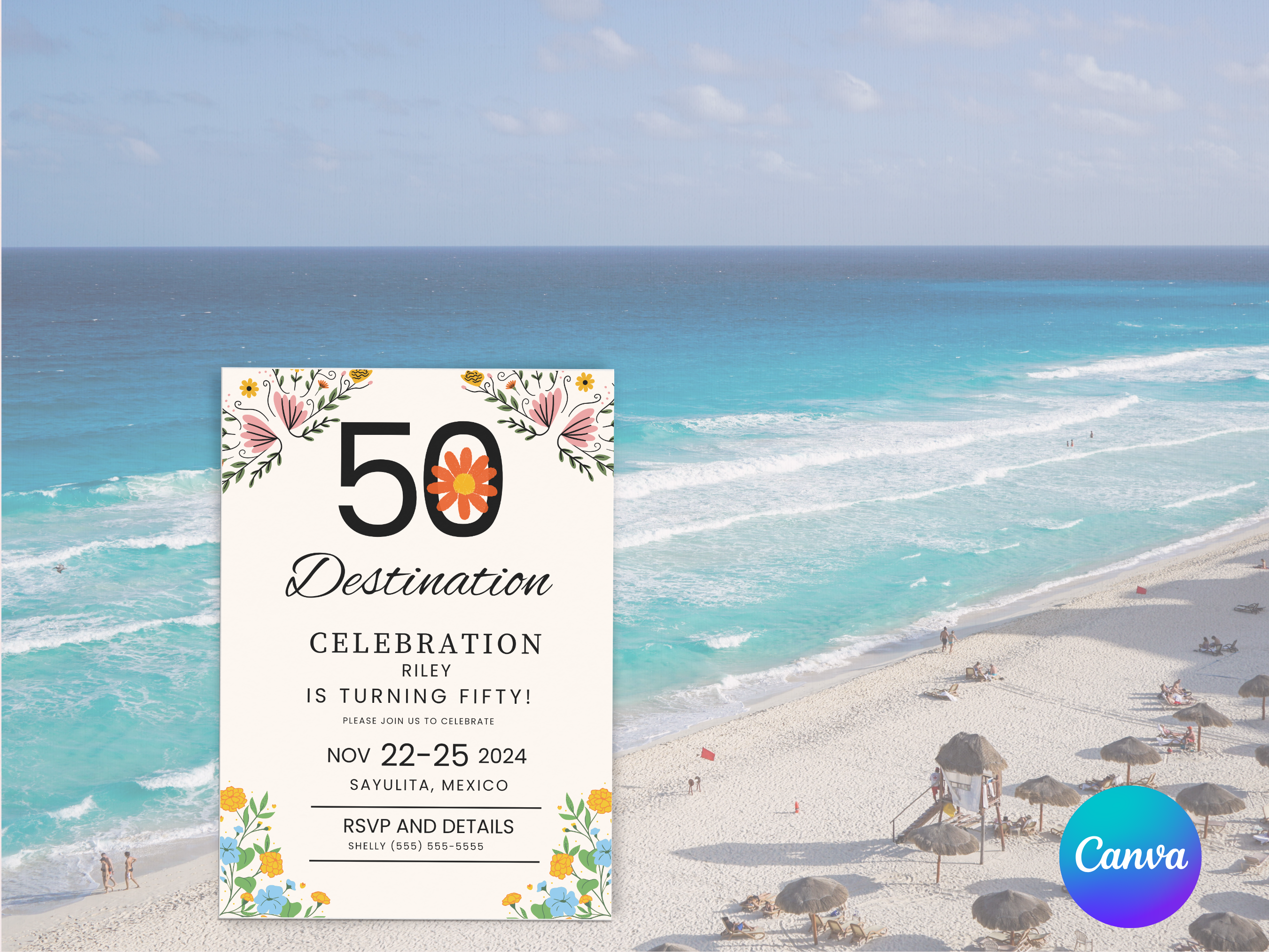 50th Mexico Destination Birthday Invitation Template Editable Canva 5x7