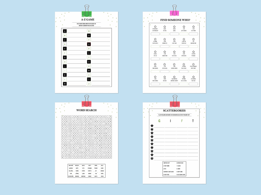 Printable 80th birthday games featuring beach theme Find Someone Who, Scattergories, and Word Search templates