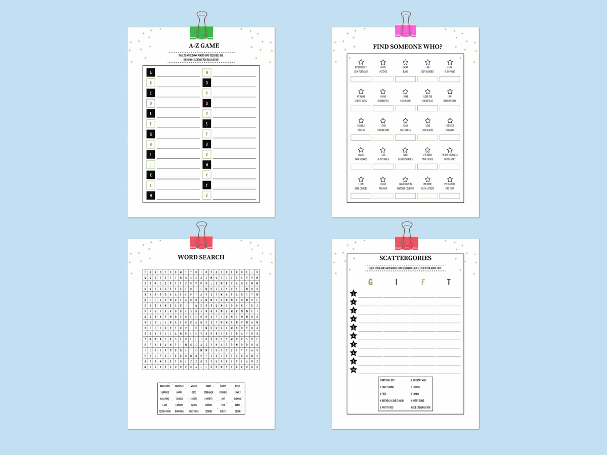 Printable 80th birthday games featuring beach theme Find Someone Who, Scattergories, and Word Search templates