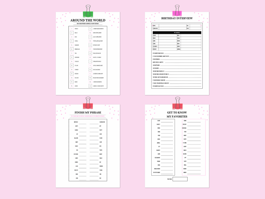 Printable 30th birthday games featuring tropical theme Birthday Interview, Finish My Phrase, and Around the World templates