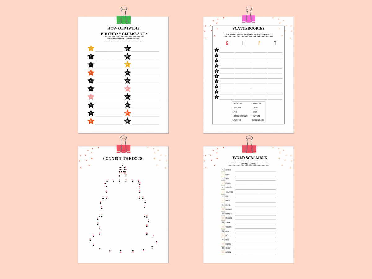Printable 50th birthday games featuring Mexico theme Scattergories, Word Scramble, and Connect the Dots templates