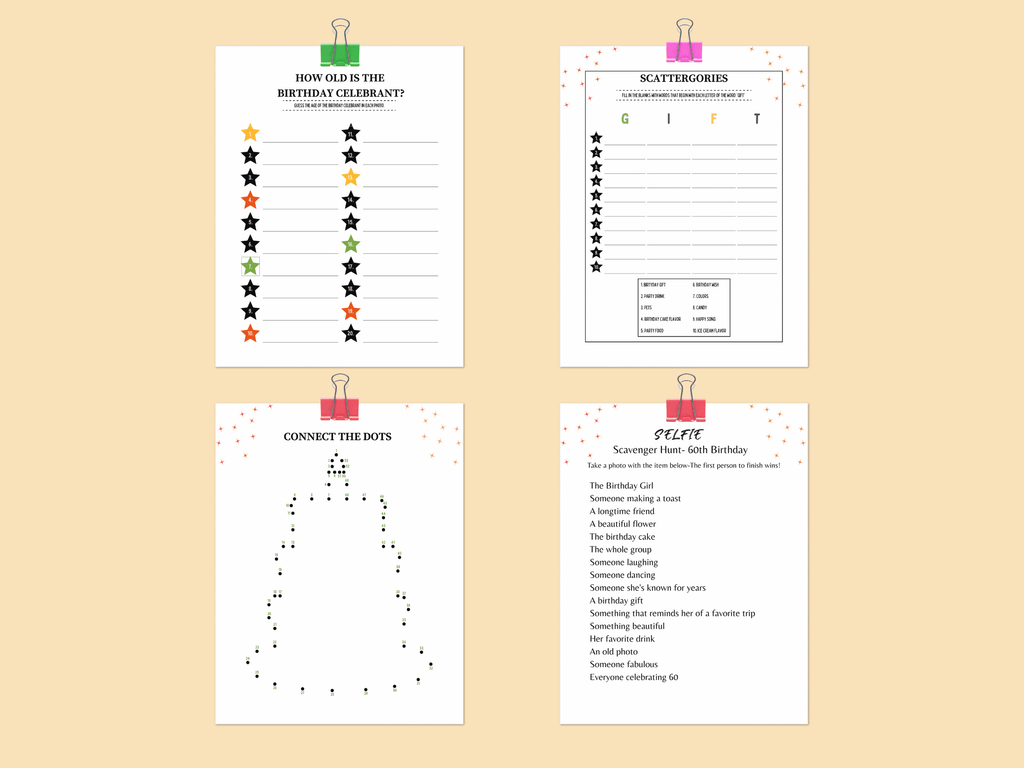 Printable 60th birthday games featuring Sedona theme Scattergories, Word Scramble, and Connect the Dots templates
