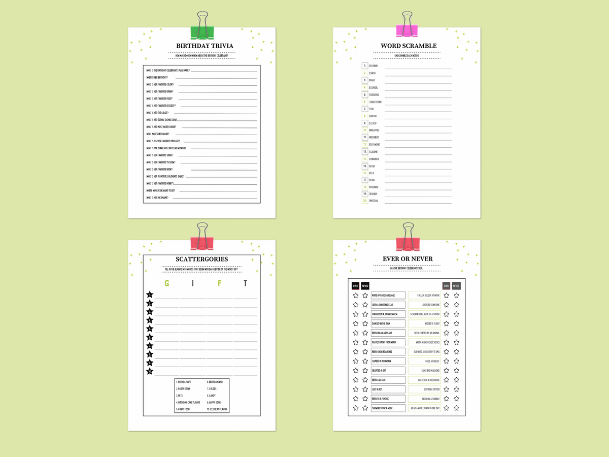 Printable 40th birthday games featuring winery theme Birthday Trivia, Word Scramble, Scattergories, and Ever or Never