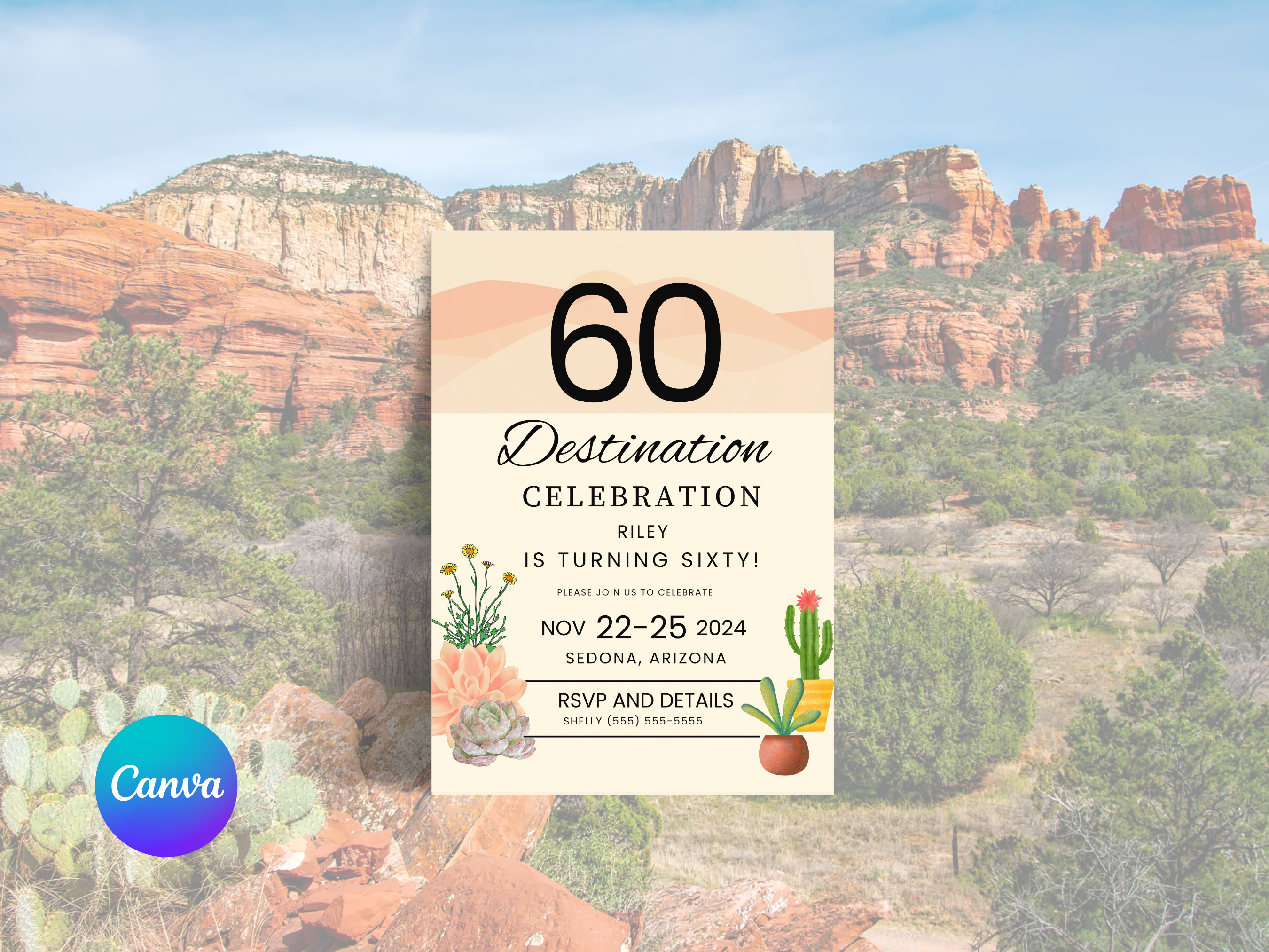 60th Sedona Destination Birthday Invitation Template Editable Canva 5x7
