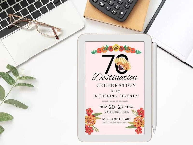Spain 70th Editable Birthday Invitation LuaSol Shoppe