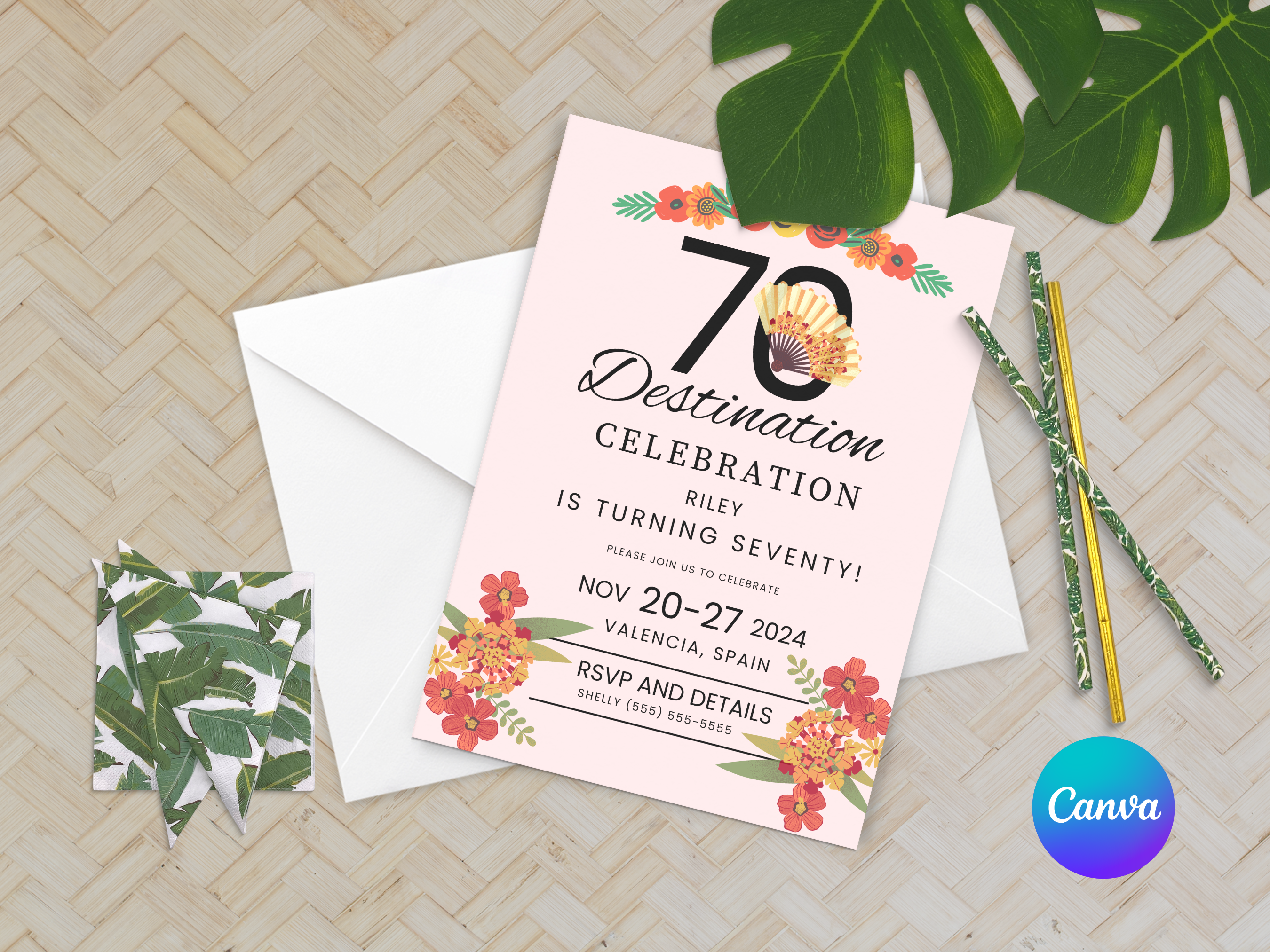 70th Spain Destination Birthday Invitation Template Editable Canva 5x7
